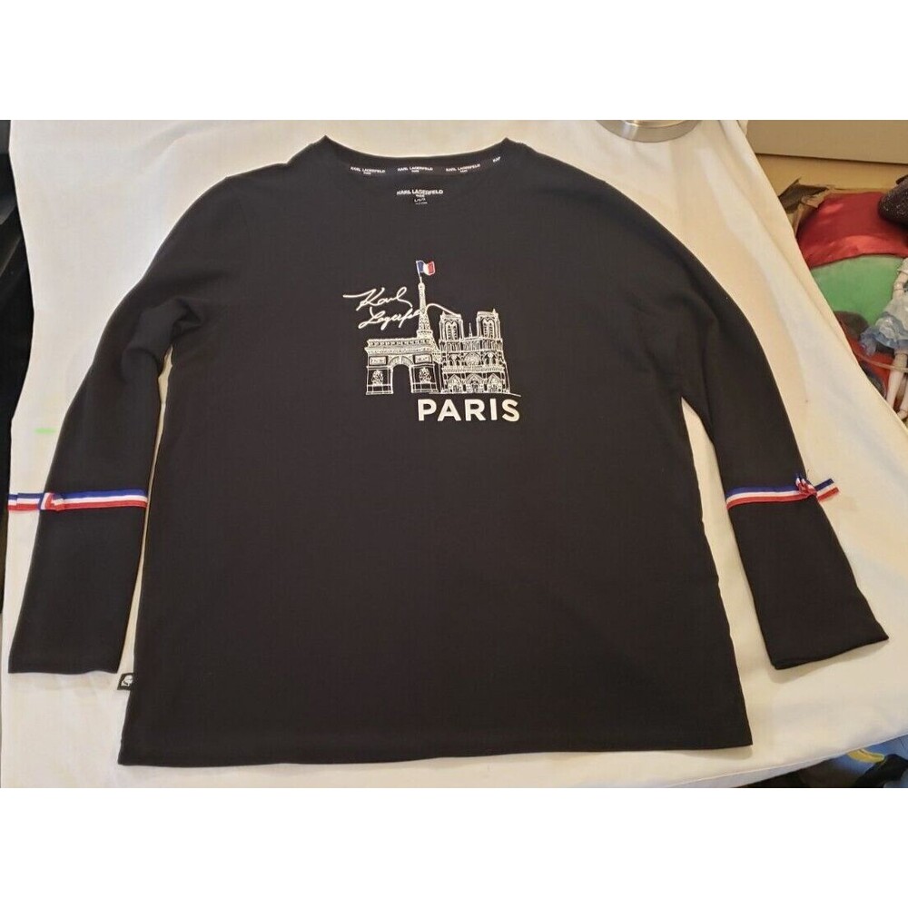 Karl Lagerfeld Paris Logo Long Sleeve Black Sweater (with flag detail) - Size L